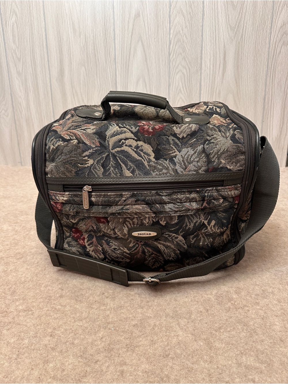 Jaguar Vintage Gray Green Floral Tapestry Travel Luggage Bag grandmacore cottage